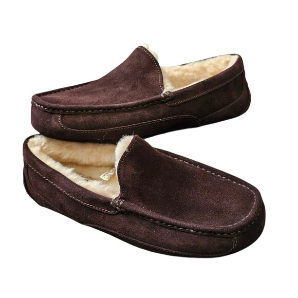 UGG Ascot Slip On Loafers Espresso Brown Comfort Shoes Wool Sherpa Lined Mens 7 - Picture 1 of 15